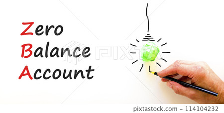 ZBA zero balance account symbol. Concept words ZBA zero balance account on beautiful white paper. Beautiful white background. Businessman hand. Business ZBA zero balance account concept. Copy space. ZBA zero balance account symbol. Concept words ZBA zero balance account on beautiful white paper. Beautiful white background. Businessman hand. Business ZBA zero balance account concept. Copy space. 114104232