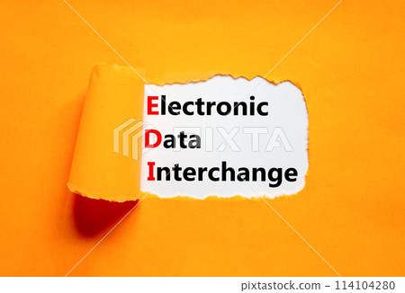 EDI electronic data interchange symbol. Concept words EDI electronic data interchange on white paper on a beautiful orange background. Business and EDI electronic data interchange concept. Copy space. 114104280