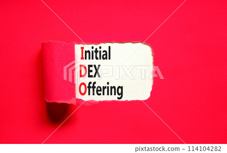 IDO initial DEX offering symbol. Concept words IDO initial DEX offering on beautiful white paper. Beautiful red paper background. Business IDO initial DEX offering concept. Copy space. 114104282