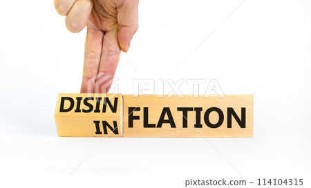 Inflation or disinflation symbol. Concept word Inflation Disinflation on beautiful wooden cubes. Beautiful white background. Businessman hand. Business inflation disinflation concept. Copy space. 114104315