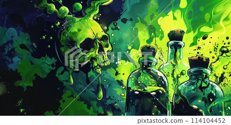 Painting featuring two bottles and a skull on a table Painting featuring two bottles and a skull on a table 114104452