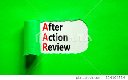 AAR After action review symbol. Concept words AAR After action review on beautiful white paper. Beautiful green paper background. Business AAR after action review concept. Copy space. 114104534