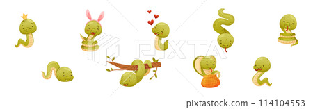 Cute Green Snake Funny Wild Baby Reptile Vector Set 114104553