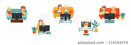 Cute Kids Sitting and Watching TV Vector Set Cute Kids Sitting and Watching TV Vector Set 114104574