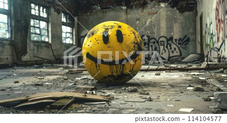 A bright yellow ball with a smiley face painted on it 114104577