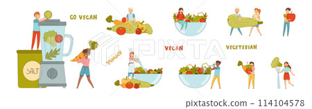 Vegetarian People Character Enjoy Healthy Eating Vector Set 114104578