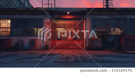 Old brick building with a single red light glowing in window 114104579