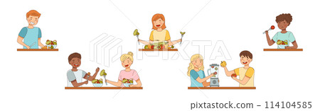 Vegetarian People Character Enjoy Healthy Eating Vector Set 114104585