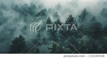 A foggy forest showcasing a dense population of towering trees 114104588