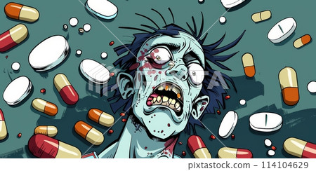 Cartoon man standing among various of a pills Cartoon man standing among various of a pills 114104629