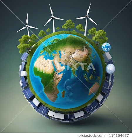 Urban design meets nature with windmills, solar panels, and trees around a globe 114104677