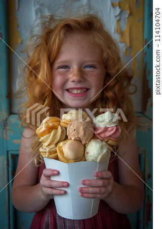 Smiling young girl holding a large cone with multiple ice cream scoops. Smiling young girl holding a large cone with multiple ice cream scoops. 114104704