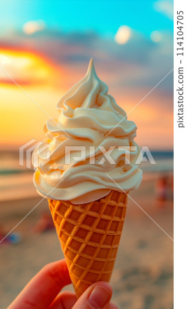 A single scoop of vanilla ice cream on a waffle cone on beach 114104705