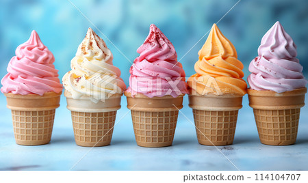 Variety of ice cream flavors in cones with toppings 114104707