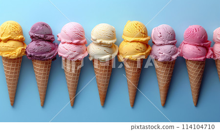 Variety of ice cream flavors in cones with toppings Variety of ice cream flavors in cones with toppings 114104710