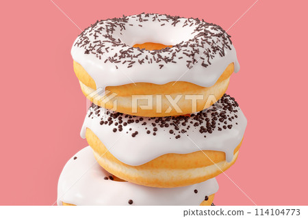 Stack of different chocolate glazed donut with sprinkles on a pink background 114104773