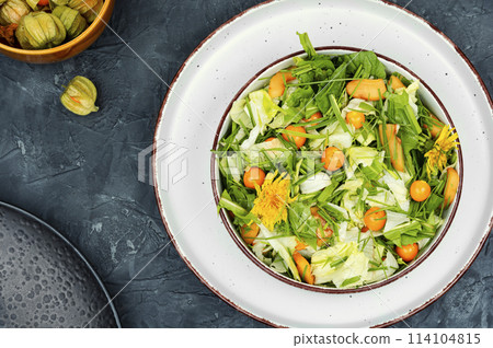 Salad from wild plants and physalis. 114104815