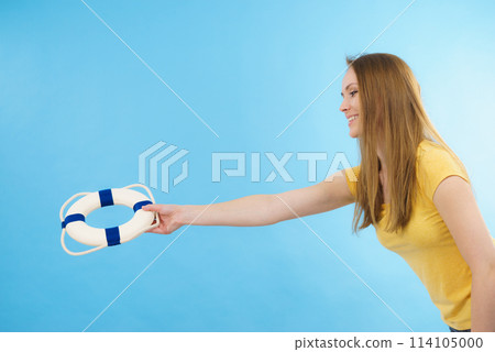 Girl holds life buoy rescue ring Girl holds life buoy rescue ring 114105000