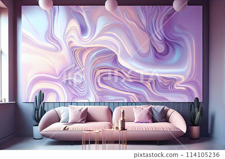 Stylish interior with beautiful abstract painting in purple colors, curved wave in motion. Mural 114105236
