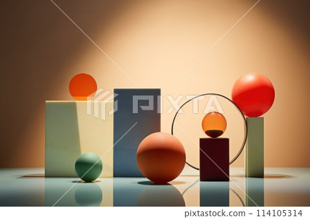 Geometric shapes and objects, creative design, still life. Cosmetic product showcase, podium 114105314