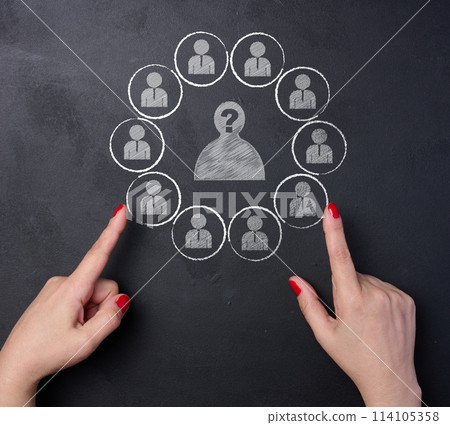 Personnel recruitment concept, search for talented employees. Chalk drawn worker icons on black chalk board Personnel recruitment concept, search for talented employees. Chalk drawn worker icons on black chalk board 114105358
