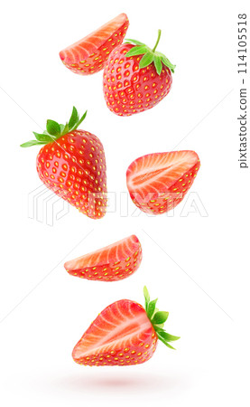 Cut strawberries levitation isolated on white background Cut strawberries levitation isolated on white background 114105518