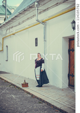 Portrait of brunette woman dressed in historical Baroque clothes with old fashion hairstyle 114105782