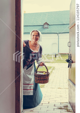 Portrait of brunette woman dressed in historical Baroque clothes with old fashion hairstyle Portrait of brunette woman dressed in historical Baroque clothes with old fashion hairstyle 114105797