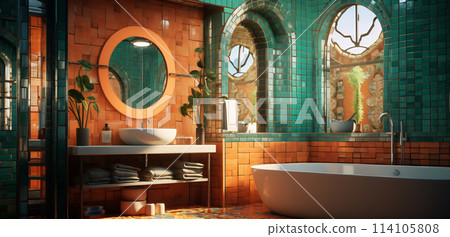 Modern bathroom with bathtub, sink, and mirror 114105808