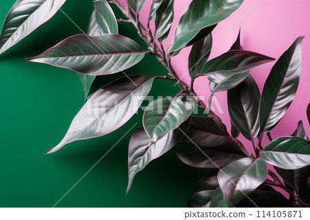 Green plant with leaves on pink and green background 114105871