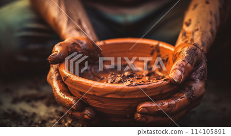 Artisan Shaping Clay on Pottery Wheel 114105891