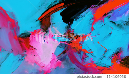 Abstract oil painting, neon red, pink, blue brush strokes background, wallpaper, paint texture, art 114106038