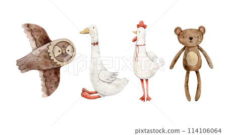 Set of illustrations of different plush toys for babies animals and birds, owl, rooster, bear, goose. Isolated watercolor illustration for cards, stickers, textiles, design, invitations, website Set of illustrations of different plush toys for babies animals and birds, owl, rooster, bear, goose. Isolated watercolor illustration for cards, stickers, textiles, design, invitations, website 114106064