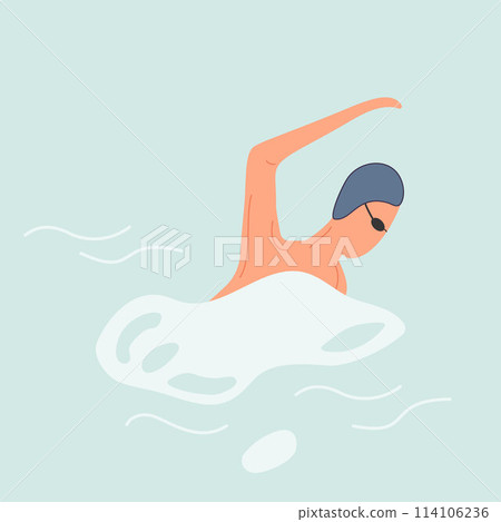 Artistic Illustration of Swimmer in Blue Water with Goggles and Cap 114106236