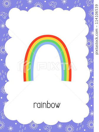 Weather flash card Rainbow topical vocabulary learning printable, educational English worksheet for kids, nursery, kindergarten, pre-school, leisure activity, teacher resources vector illustration 114106539