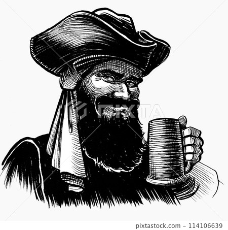 Mad pirate character. Hand drawn retro styled black and white illustration 114106639