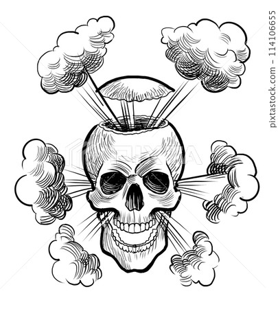 Exploding skull. Hand drawn retro styled black and white ink illustration 114106655