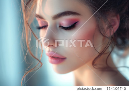Studio photo of a woman face showing perfectly done pink makeup 114106740