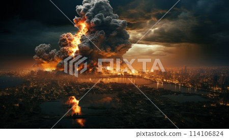 Great epic explosion in city after nuclear strike, apocalyptic aerial view of dramatic urban landscape with fire and smoke. Theme of atomic world war, apocalypse, cloud, disaster 114106824