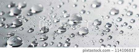 Fresh water drops on white glass, panoramic banner with rain droplets for background. Concept of wet, texture, splash, surface, dew Fresh water drops on white glass, panoramic banner with rain droplets for background. Concept of wet, texture, splash, surface, dew 114106837
