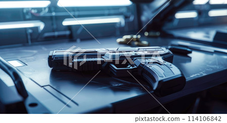 Gun on table in control room of command center, futuristic pistol in dark interior like spy action movie. Concept of weapon, detective, intelligence, secret service, agent 114106842