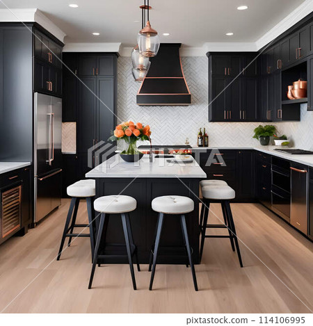 Modern kitchen with black cabinets, white countertops, and hardwood flooring 114106995