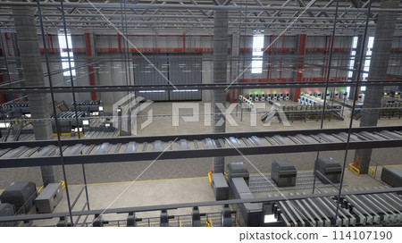 Huge empty storage hall with rows of industrial machines, conveyor belts and robotic arms, 3D rendering. CNC machinery and assembly lines in industrial plant, automated processes 114107190