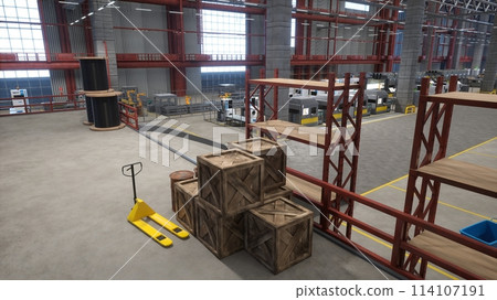 Industrial warehouse with wooden crates, rusted barrels, pallets and cart used for transportation of products. Manufacturing logistics depot used for goods production and storage, 3D render Industrial warehouse with wooden crates, rusted barrels, pallets and cart used for transportation of products. Manufacturing logistics depot used for goods production and storage, 3D render 114107191