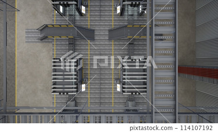 Top down view of automated factory with conveyor belts transporting manufactured products, 3D rendering. Assembly lines and metal beams in high tech logistics depot, aerial drone shot Top down view of automated factory with conveyor belts transporting manufactured products, 3D rendering. Assembly lines and metal beams in high tech logistics depot, aerial drone shot 114107192