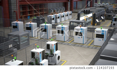 Industrial facility showcasing rows of high tech machines with control panels and safety signs, 3D rendering. Hardware equipment in automated warehouse prioritizing energy efficiency 114107193