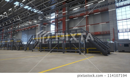 Metallic platforms in facility used for energy efficient warehousing handling distribution and storage needs of businesses, 3D rendering. Empty logistics, supply chain and distribution hub Metallic platforms in facility used for energy efficient warehousing handling distribution and storage needs of businesses, 3D rendering. Empty logistics, supply chain and distribution hub 114107194