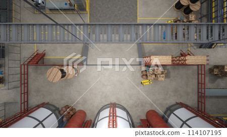Top down view of industrial warehouse with wooden crates, barrels and jack used for transportation of products. Logistics depot used for goods production and storage, 3D render, aerial drone shot 114107195