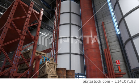 Industrial warehouse with stack of wooden crates and rusted barrels next to metallic shelves. Manufacturing logistics depot with steel structures used for goods storage, 3D rendering Industrial warehouse with stack of wooden crates and rusted barrels next to metallic shelves. Manufacturing logistics depot with steel structures used for goods storage, 3D rendering 114107198