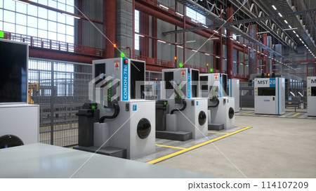 Facility with rows of industrial machines used for processing tasks, with green and orange led lights showing level of completion, 3D rendering. CNC machinery in modern manufacturing warehouse 114107209